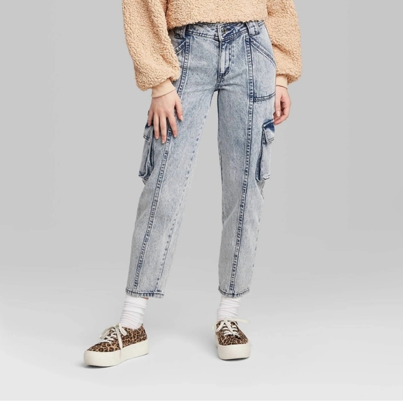 WILD FABLE ACID WASH CARGO JEANS - Picture 2 of 10